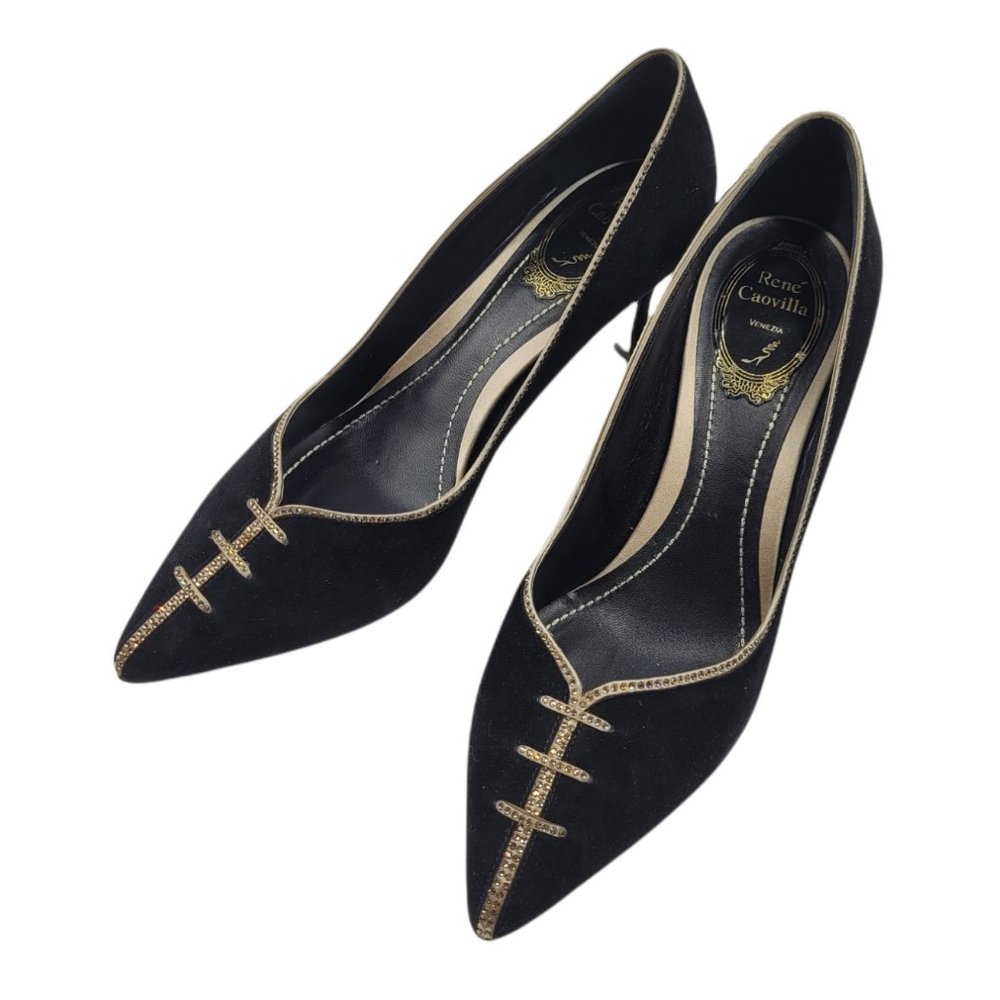 Rene Caovilla Black Metallic Trim Suede Pump